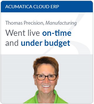 Acumatica ERP manufacturing customer testimonial image of woman in glasses smiling